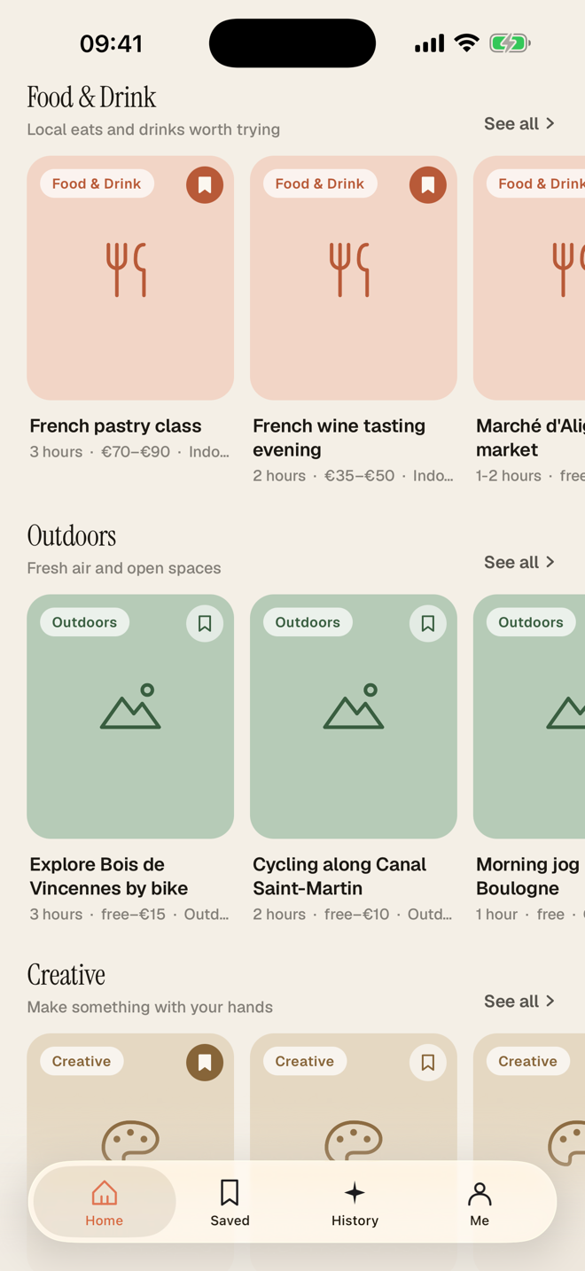 ActHunter home screen showing activity categories