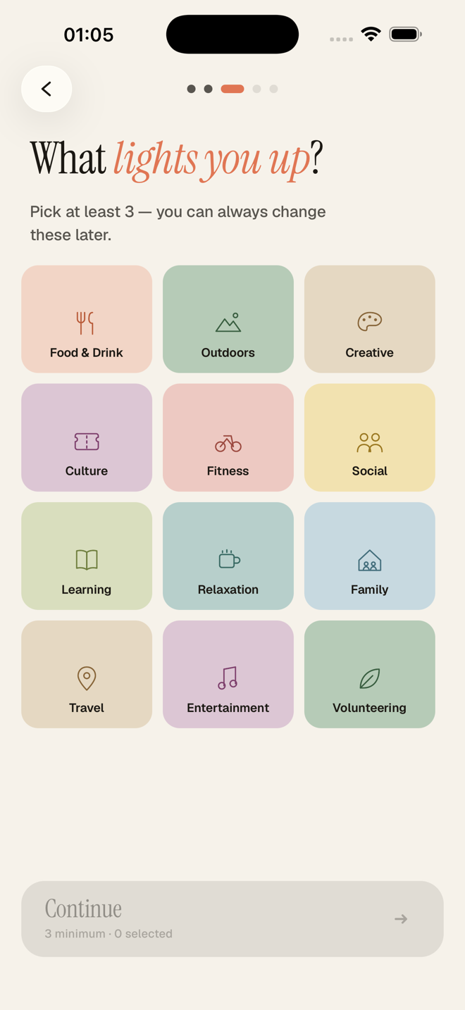 Onboarding screen for selecting personal interests