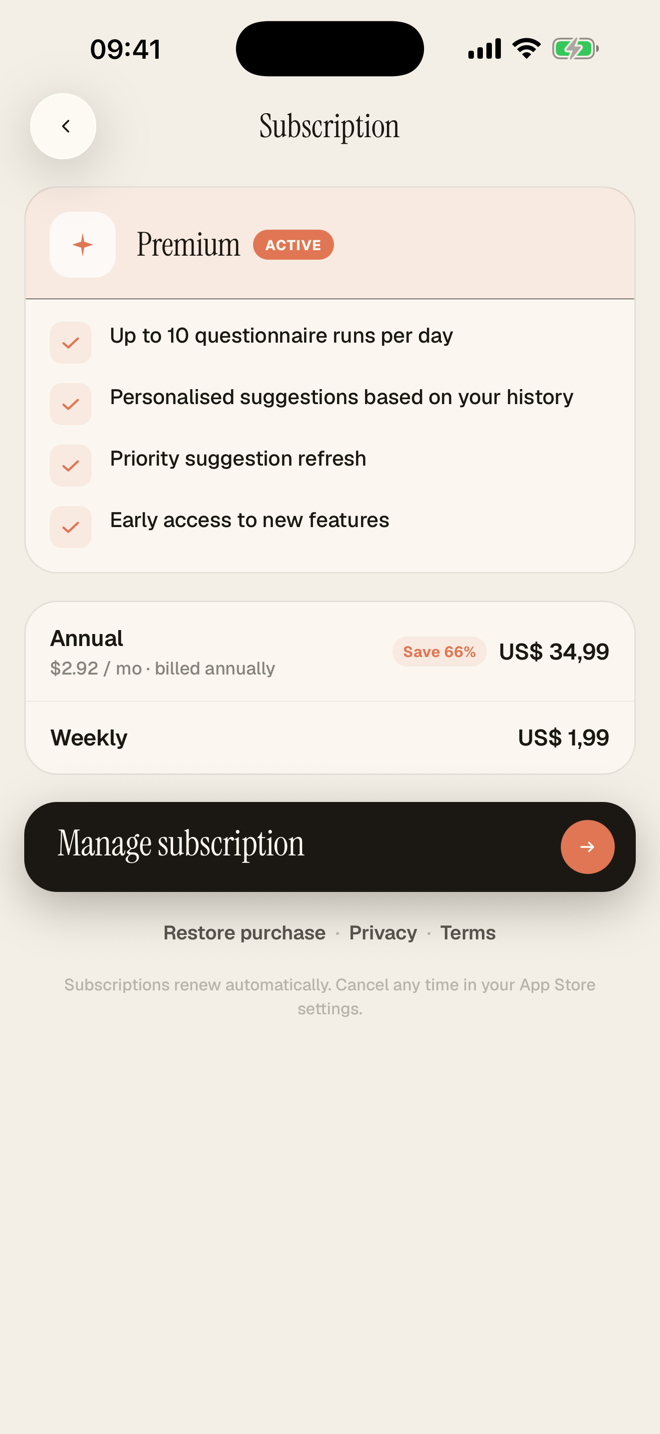 Premium subscription screen showing monthly and yearly plan options