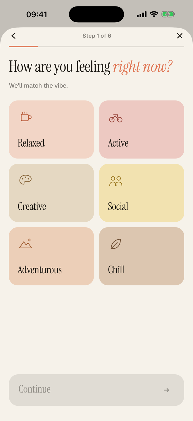 Questionnaire screen for selecting mood, company and budget