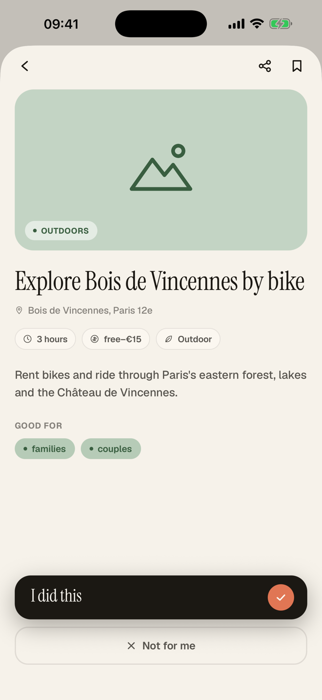Detailed view of an activity suggestion with description and map